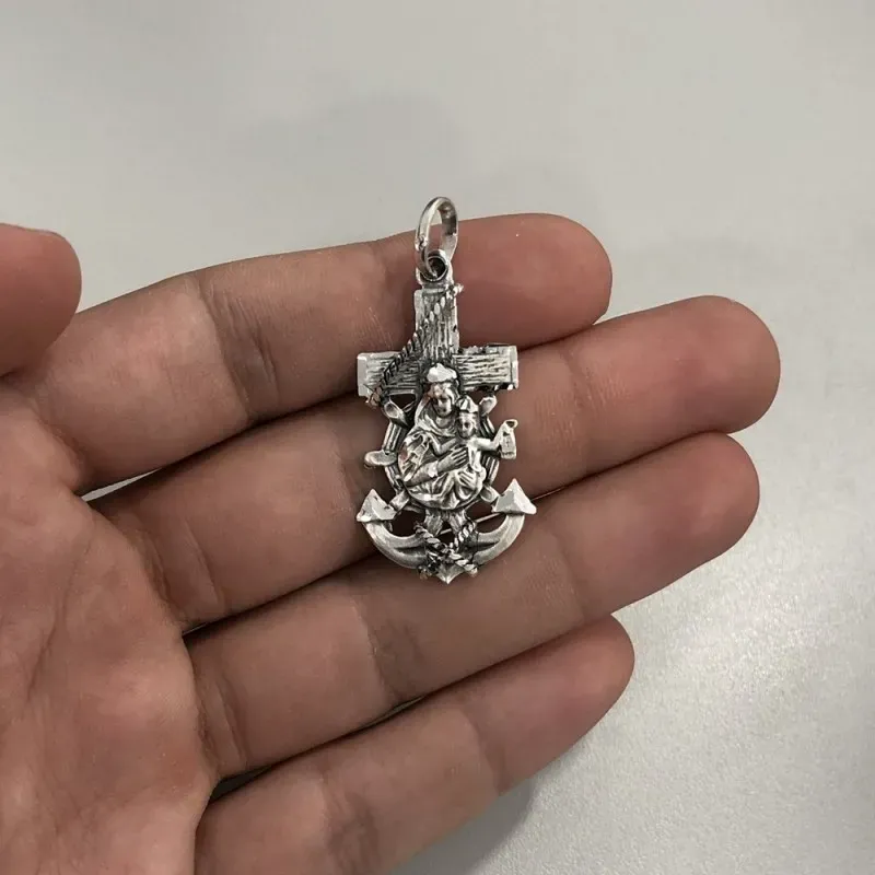 Colgante plata Ley 925m cruz marinera Virgen del Carmen 38mm. unisex