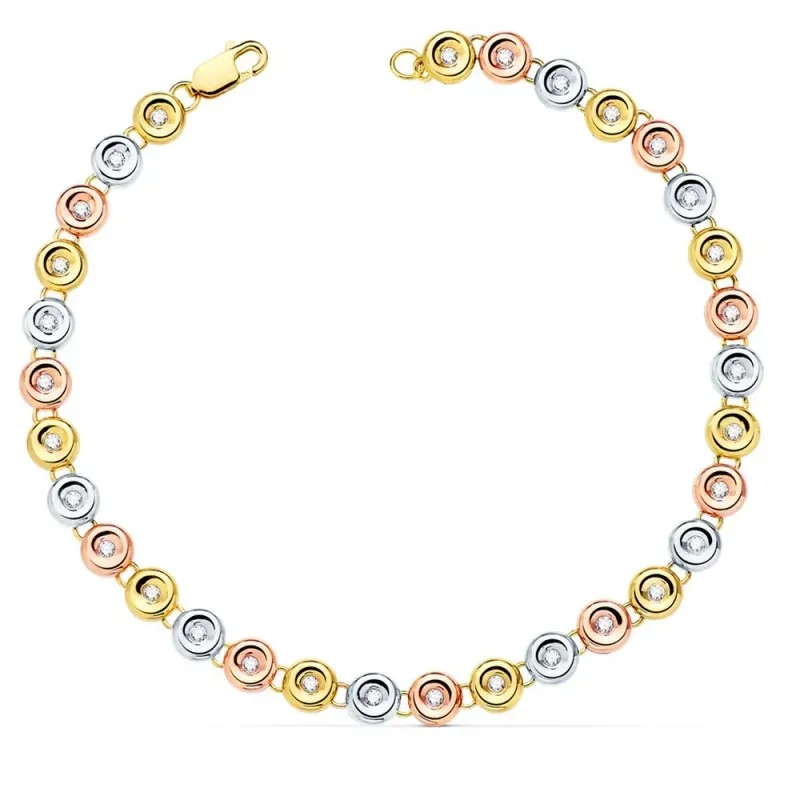Pulsera oro tricolor 18k chatones 18.5mm. diamantes brillantes 0.434ct. cierre mosquetón