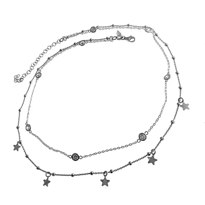Gargantilla plata Ley 925m doble cadena estrellas puntos de luz cierre mosquetón mujer [AC1234]