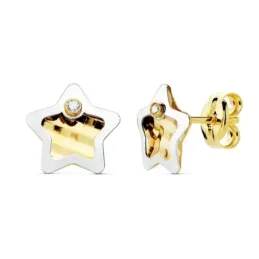 Pendientes oro bicolor 18k mujer 8mm. estrella centro tallado borde punta circonita cierre presión