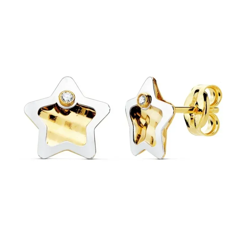 Pendientes oro bicolor 18k mujer 8mm. estrella centro tallado borde punta circonita cierre presión
