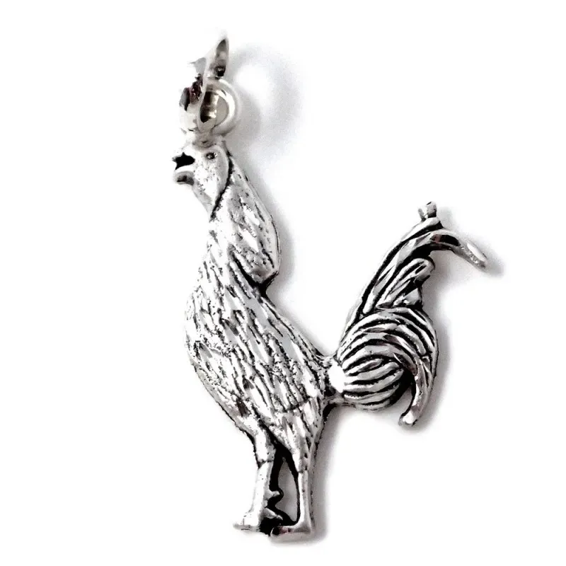 Colgante plata Ley 925m macizo 27mm. gallo pelea detalles tallados brillo trasera lisa