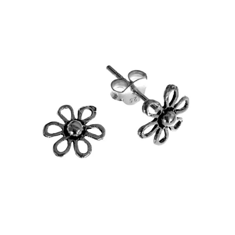 Pendientes plata Ley 925m oxidada 8mm. motivo flor lisa pétalos calados cierre presión