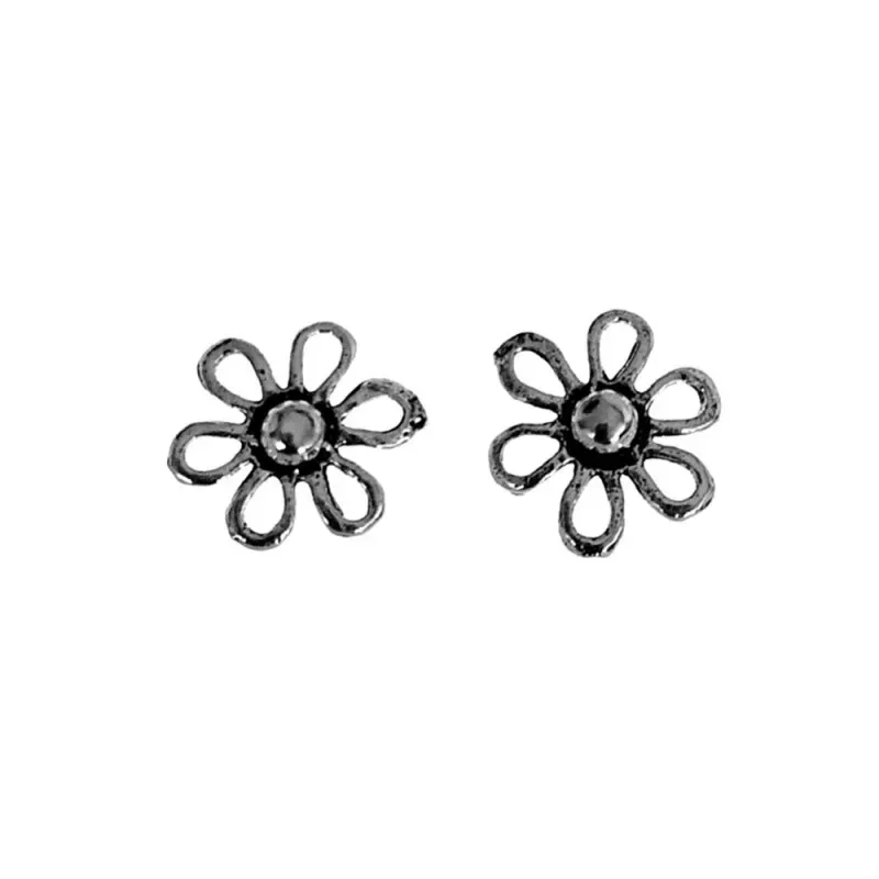 Pendientes plata Ley 925m oxidada 8mm. motivo flor lisa pétalos calados cierre presión