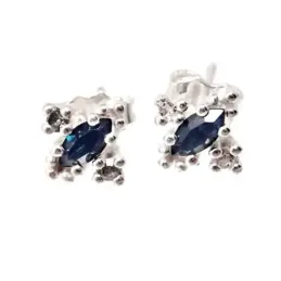 Pendientes plata Ley 925m centro circonita oval azul garras 9mm laterales circonitas blancas presión