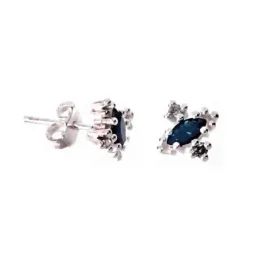 Pendientes plata Ley 925m centro circonita oval azul garras 9mm laterales circonitas blancas presión