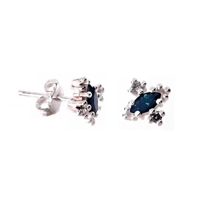 Pendientes plata Ley 925m centro circonita oval azul garras 9mm laterales circonitas blancas presión