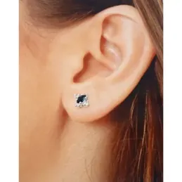Pendientes plata Ley 925m centro circonita oval azul garras 9mm laterales circonitas blancas presión