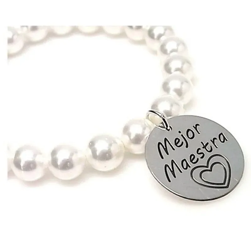 Pulsera plata ley 925m perlas disco 21mm. MEJOR MAESTRA  [AA9961GR]