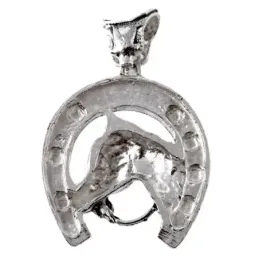 Colgante plata Ley 925m herradura 22mm. amuleto suerte cabeza caballo mate detalles tallados brillo