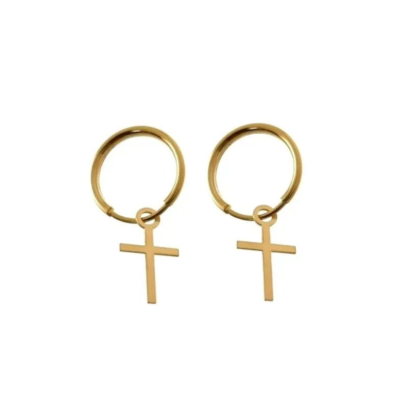 Pendientes plata Ley 925m chapados oro aros 11mm. diámetro interior cruz lisa colgando