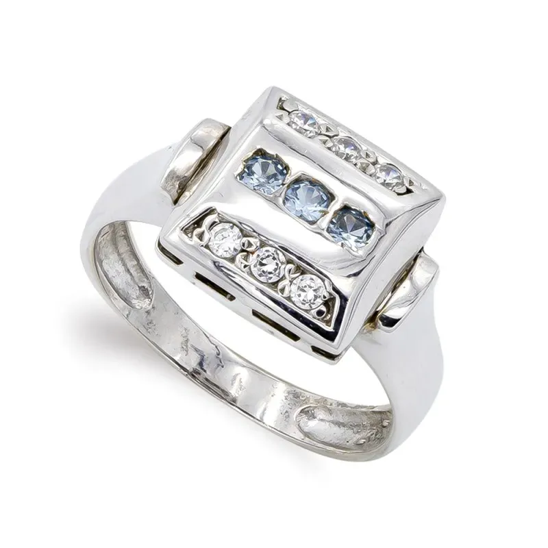 Sortija oro blanco 18k mujer cabeza cuadrada lisa circonitas combinad