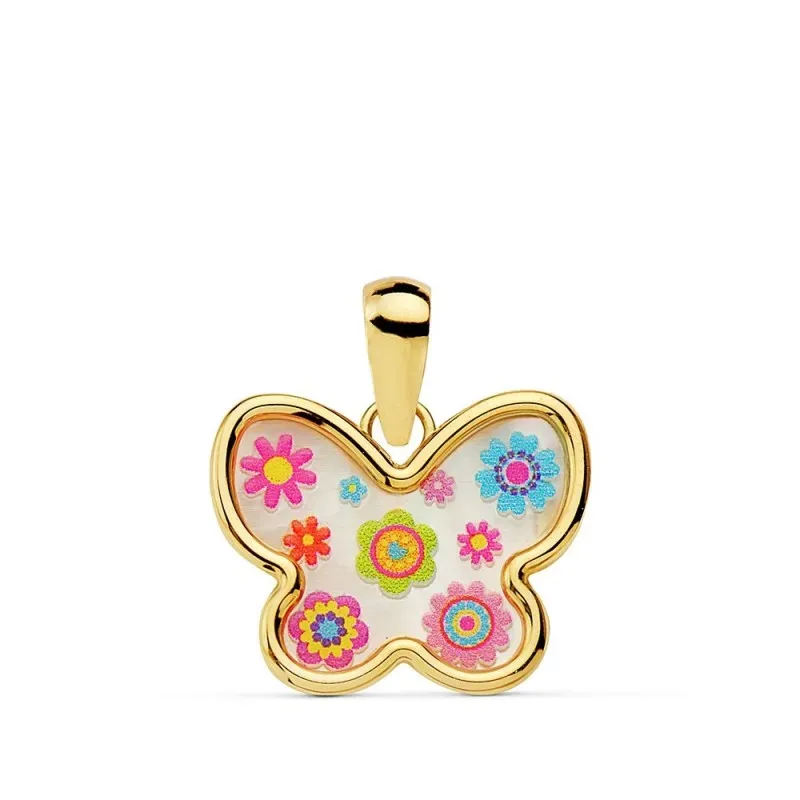 Colgante oro 18k mariposa 14mm. nácar flores colores mujer