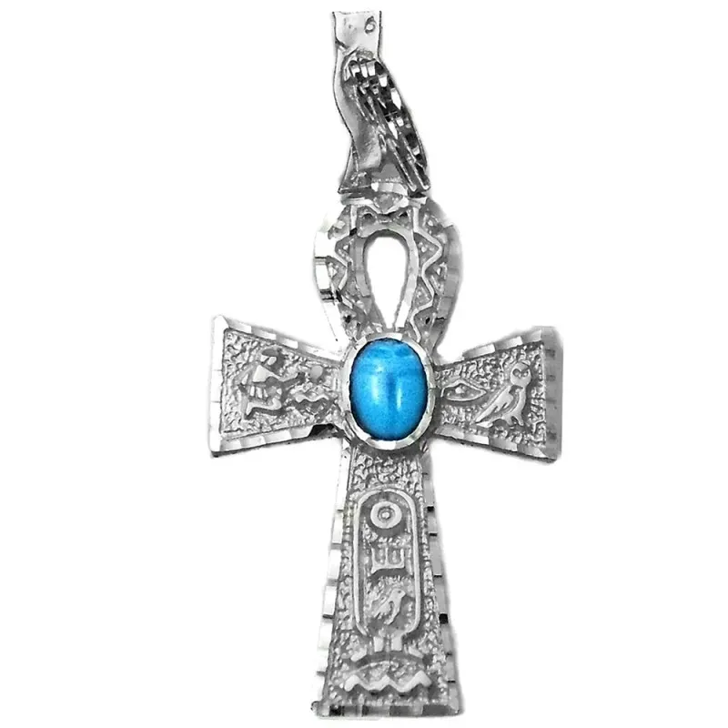 Cruz plata ley 925m egipcia de la vida 38mm. piedra azul [AA9818]