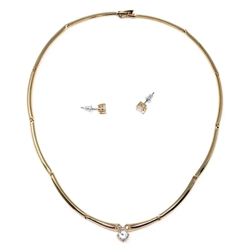 Juego metal dorado gargantilla 40cm. pendientes circonita  [AB9128]