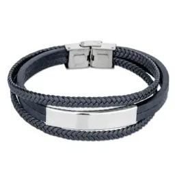 Pulsera acero inoxidable rodiado 22cm hombre tiras cuero sintético az