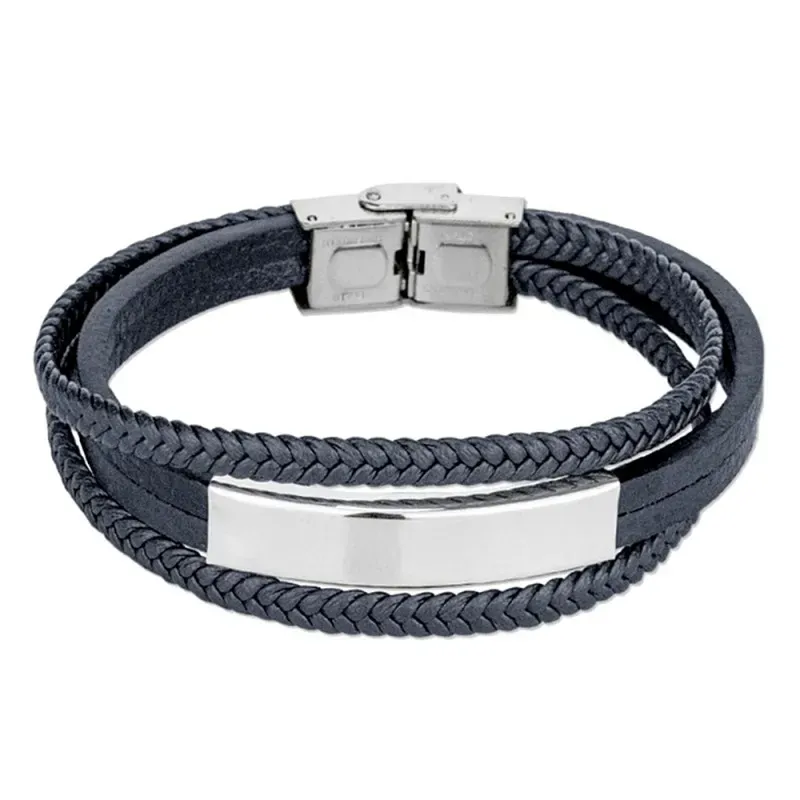 Pulsera acero inoxidable rodiado 22cm hombre tiras cuero sintético az