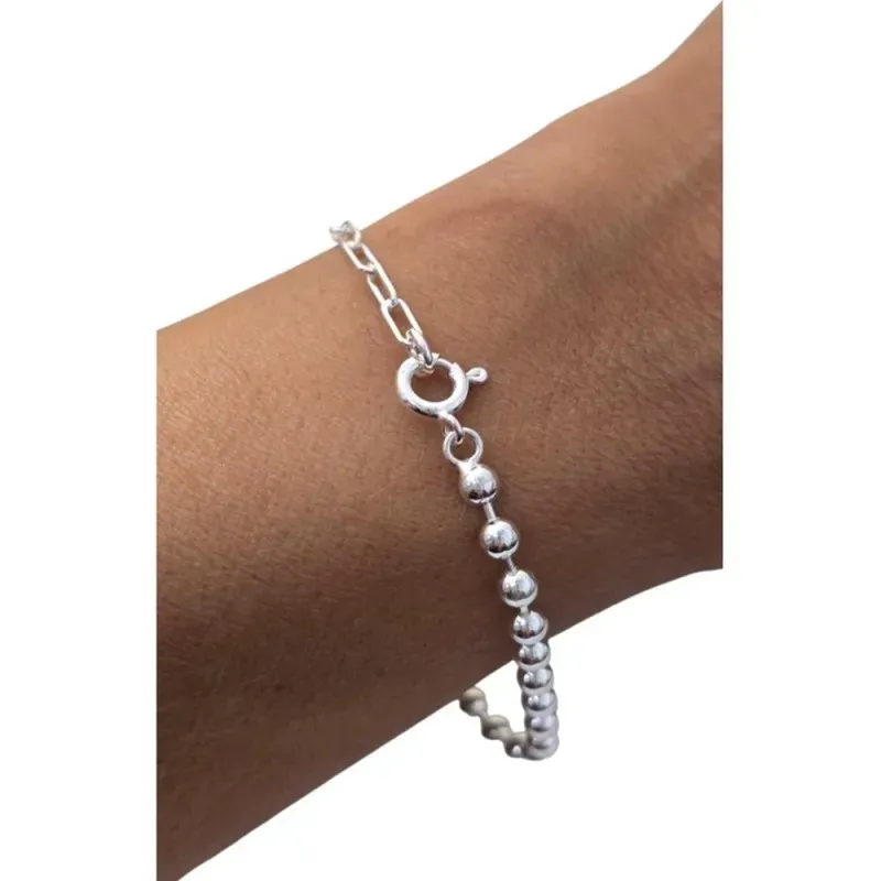 Pulsera Plata Ley 925m de 18 cm. forzada alargada combinada bolas lis