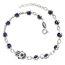 Mano Fátima con Ojo Turco Pulsera en Plata de Ley 925m de 17 cm. amul