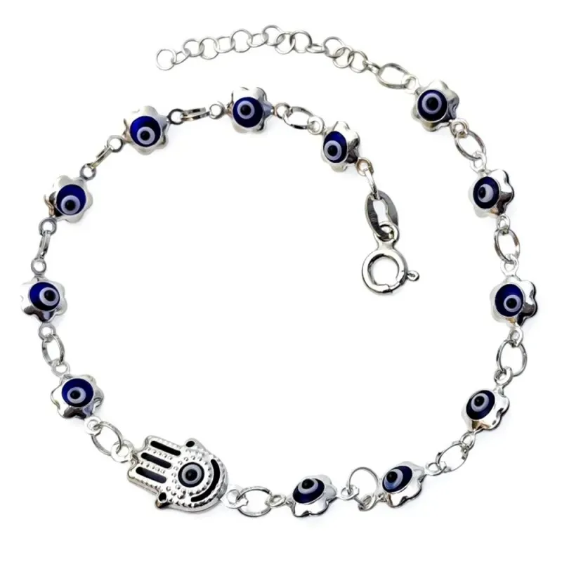 Mano Fátima con Ojo Turco Pulsera en Plata de Ley 925m de 17 cm. amul