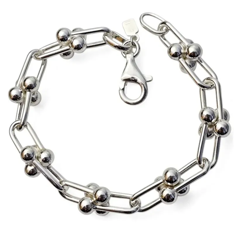 Pulsera Plata Ley 925m de 19 cm. eslabones estribos con bolas de 5 mm