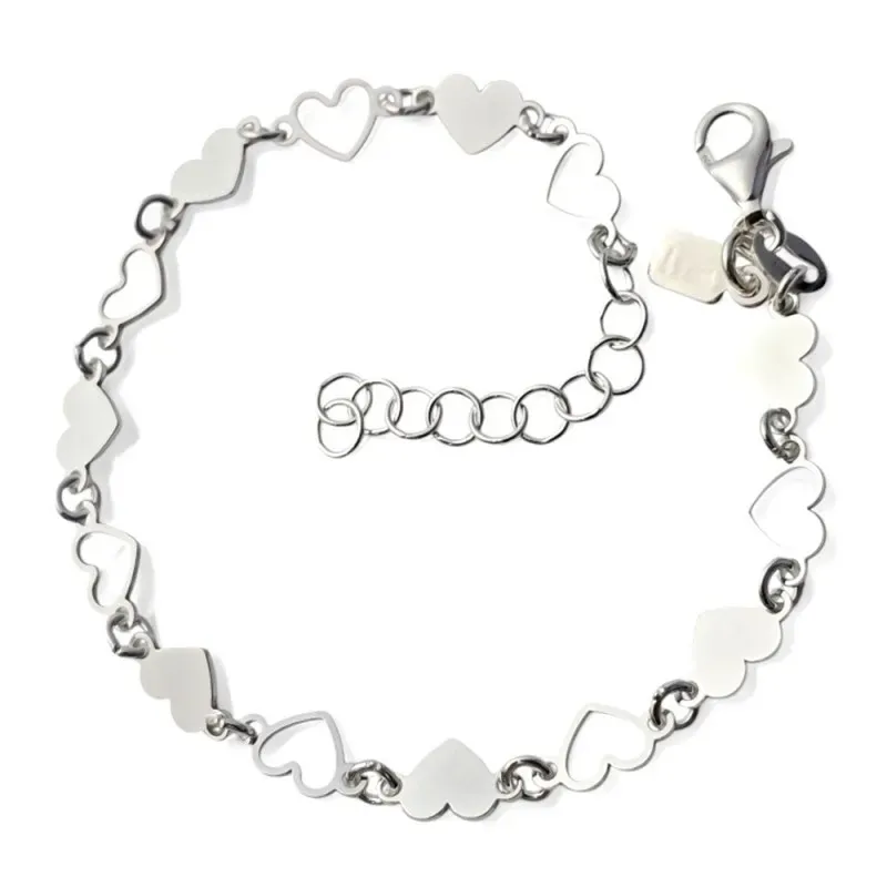 Pulsera en Plata Ley 925m de 16 cm. con corazones lisos y calados de