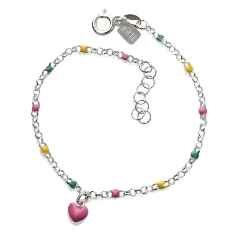 Pulsera Plata Ley 925m de 15 cm. detalle bolas y corazón colgante 5 m