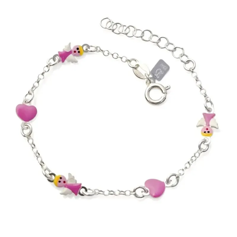 Pulsera en Plata de Ley 925m con 14 cm. ángeles de 7 mm. y corazones