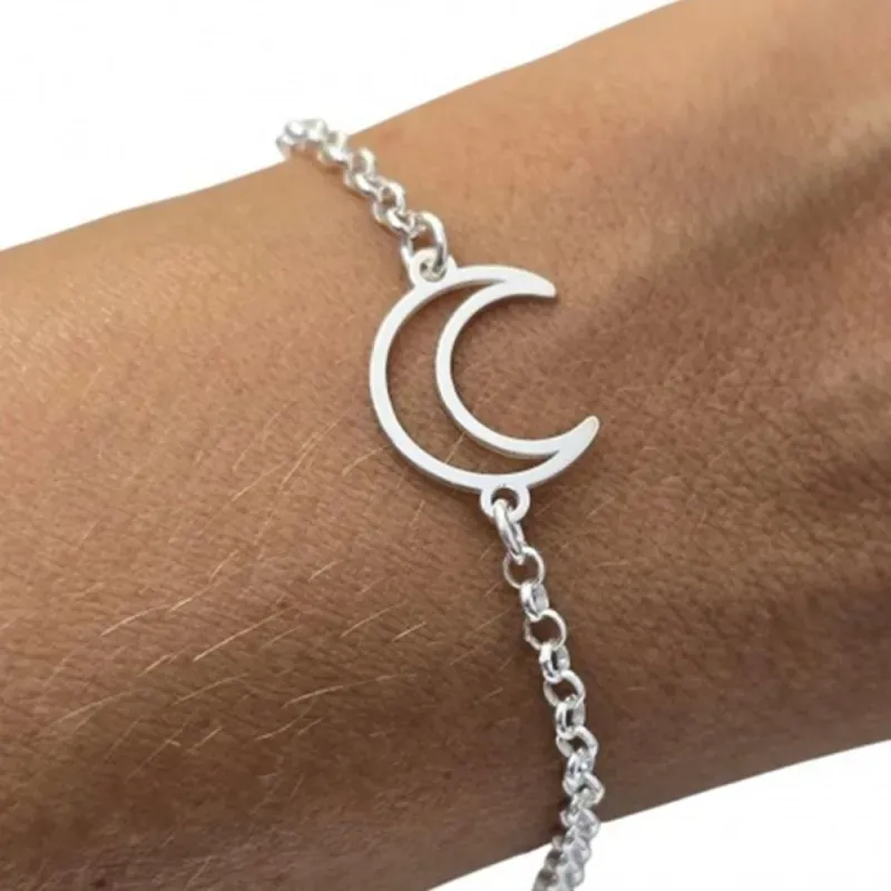 Pulsera plata Ley 925m 17.5cm. luna calada cadena de rolo [AB6190]