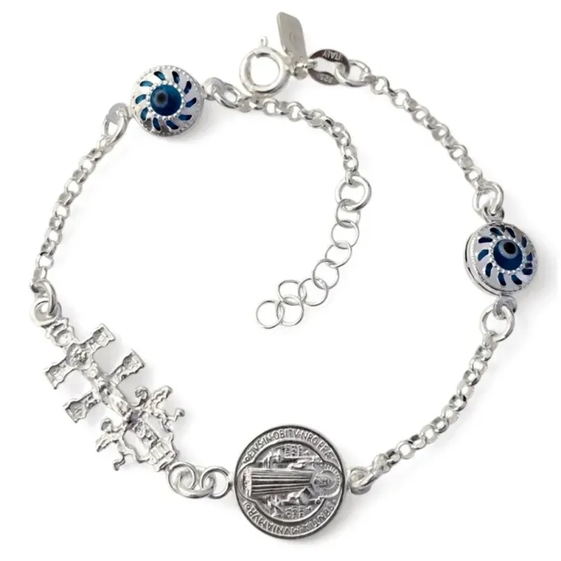 Pulsera Plata Ley 925m de 18 cm. Cruz Caravaca 20 mm. medalla San Ben