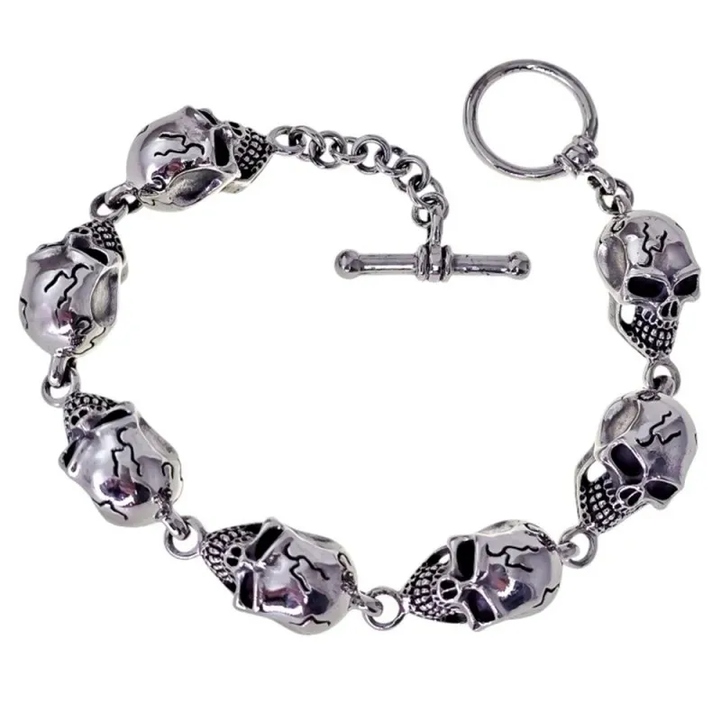 Pulsera Calaveras en Plata de Ley 925m con 21 cm. tamaño calaveras de