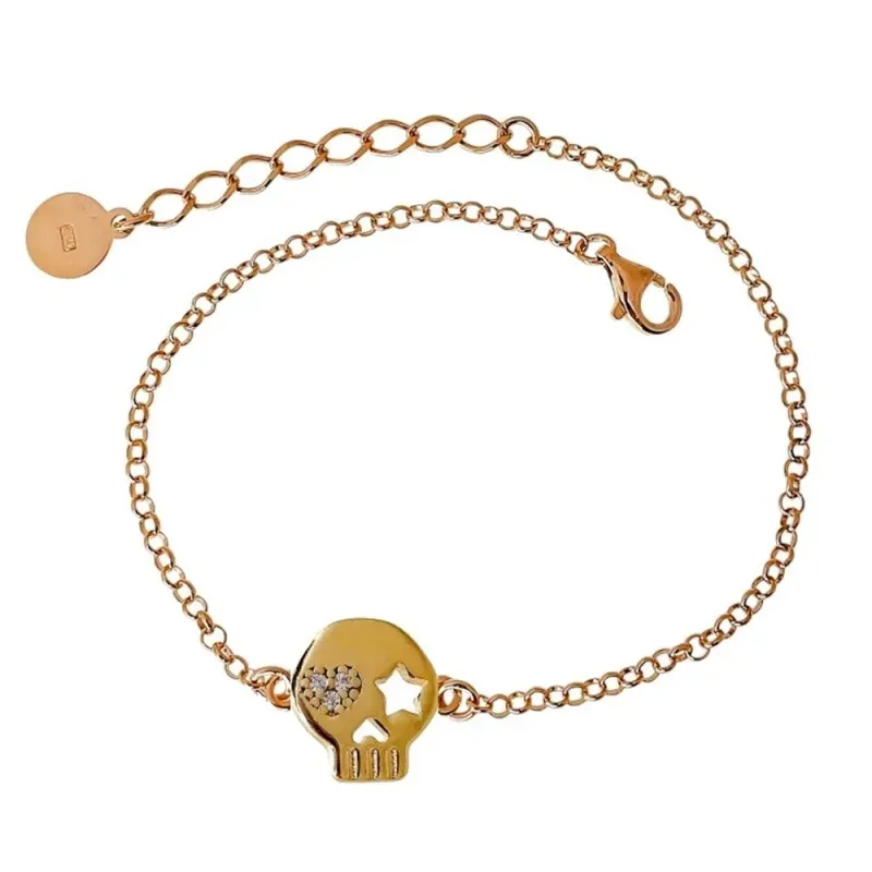 Pulsera Plata Ley 925m chapada oro de 16.5 cm. calavera de 10 mm. cad