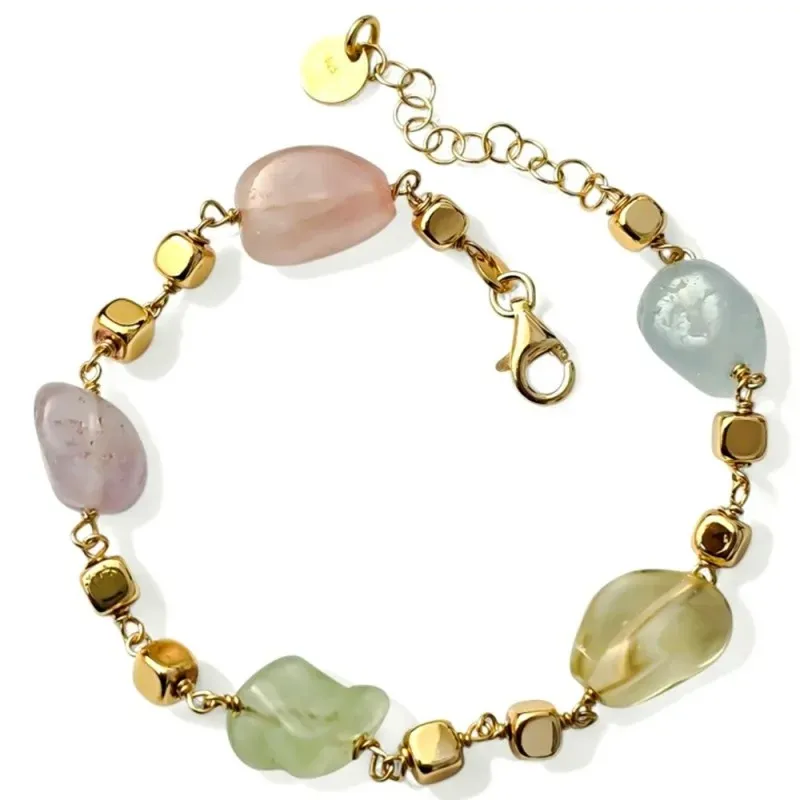 Pulsera en Plata de Ley 925m chapada oro de 17 cm. con piedras de cua