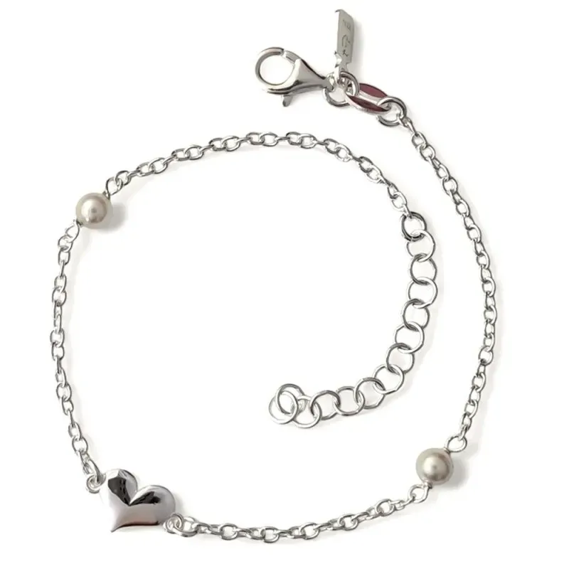 Pulsera en Plata de Ley 925m cadena forzada 17 cm. corazón 7 mm. perl