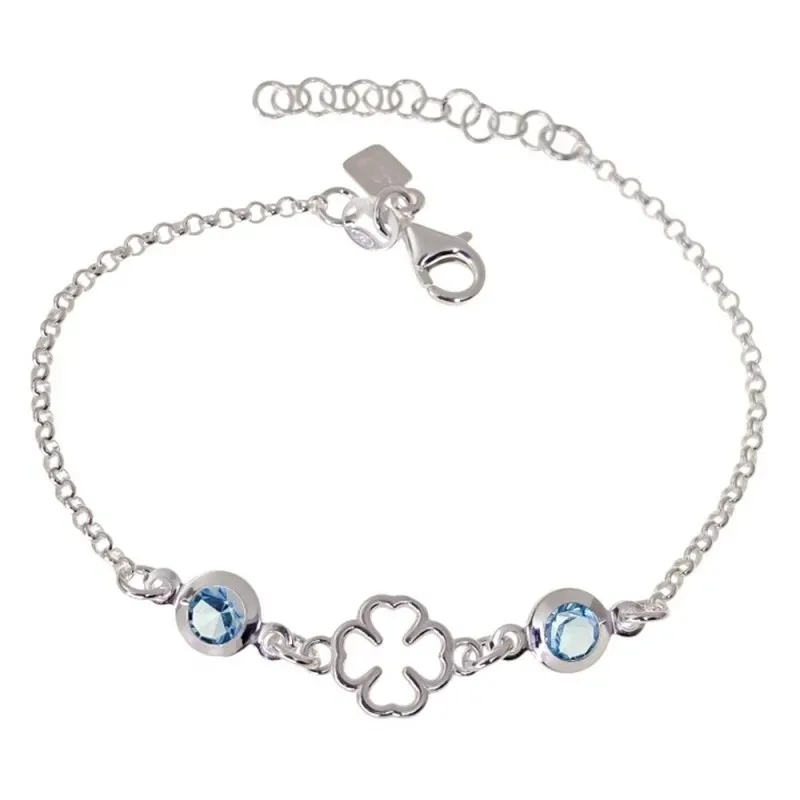 Pulsera Trébol Plata de Ley 925m con 15 cm. circonitas azules 6 mm. a