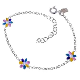 Pulsera Infantil en Plata Ley 925m de 16 m. con flores esmaltadas col