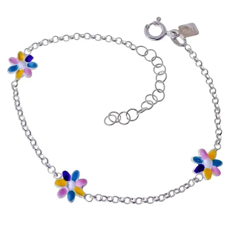 Pulsera Infantil en Plata Ley 925m de 16 m. con flores esmaltadas col