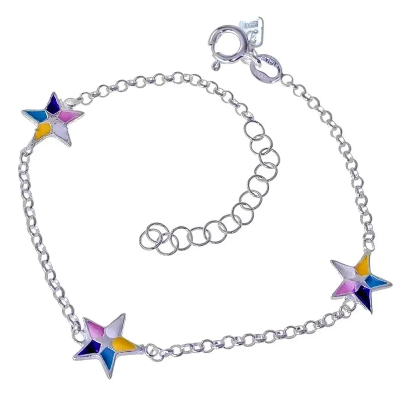 Pulsera Infantil Plata Ley 925m de 16 cm. con estrellas esmaltadas en