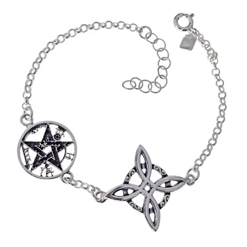 Nudo de Bruja y Tetragramatón Pulsera Protectora en Plata de Ley 925m