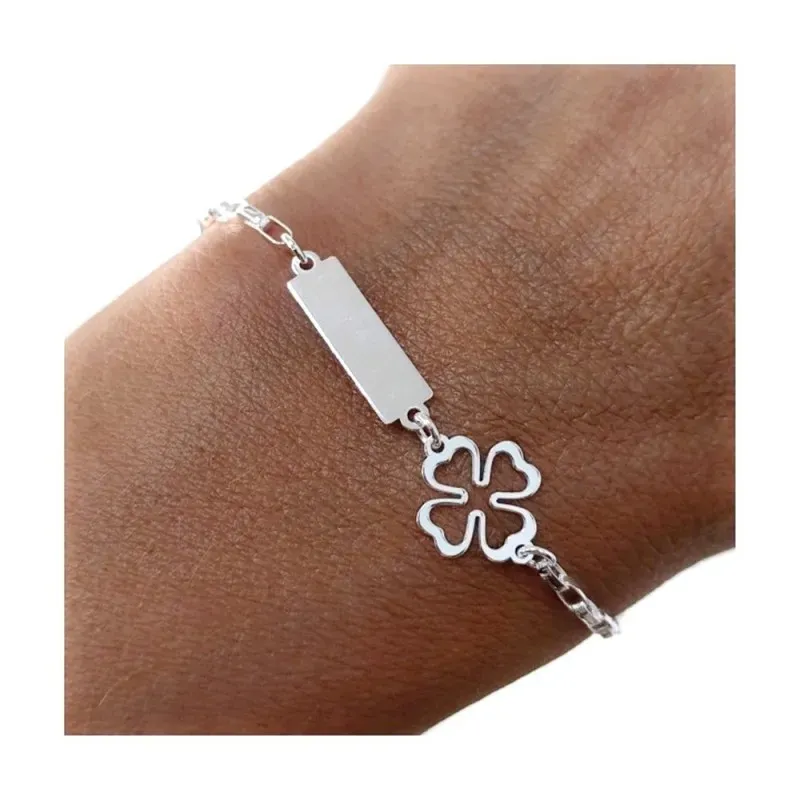 Pulsera Plata Ley 925m 17 cm. Trébol 10 mm. y chapa de 15 x 5 mm.. Gr