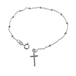 Pulsera plata Ley 925m rosario 18cm. bolas 2.5mm. cruz cierre reasa mujer [AC1164]