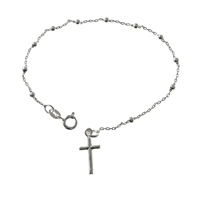Pulsera plata Ley 925m rosario 18cm. bolas 2.5mm. cruz cierre reasa mujer [AC1164]