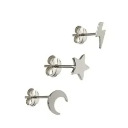 Pendientes mini plata Ley 925m pack x3 estrella media luna rayo cierre presión mujer