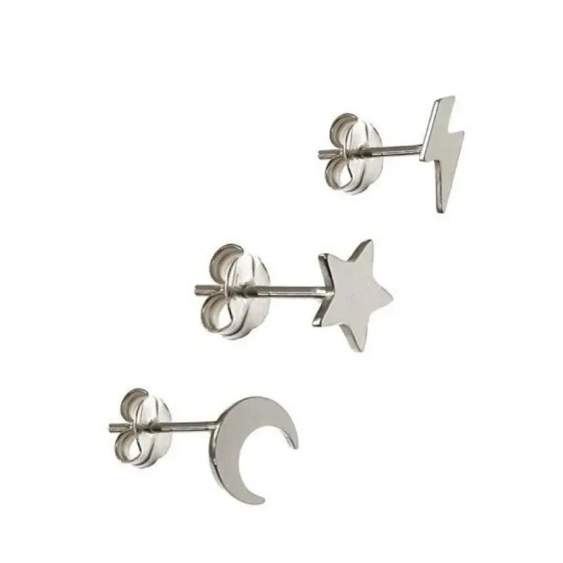 Pendientes mini plata Ley 925m pack x3 estrella media luna rayo cierre presión mujer