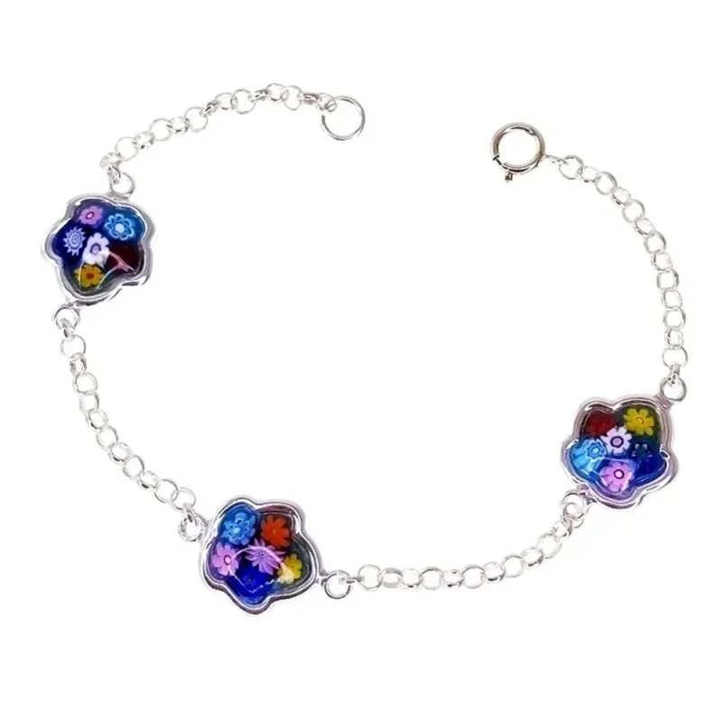 Pulsera Plata Ley 925m cadena rolo de 17.5 cm. flores cristal murano