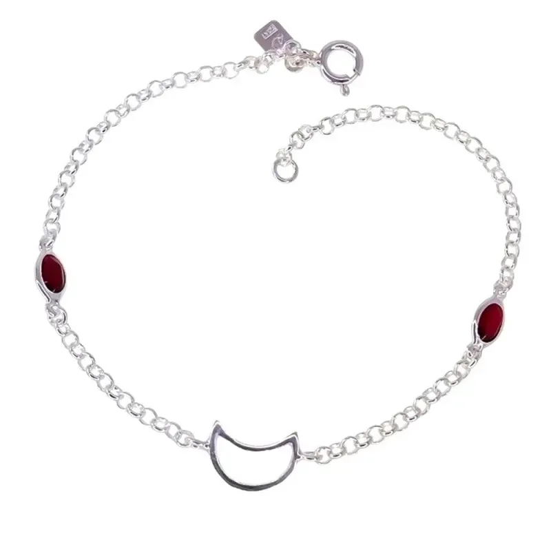 Pulsera Plata Ley 925m de 18.5 cm. cadena rolo luna calada piedras en