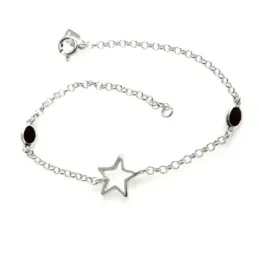 Pulsera Plata Ley 925m de 18.5 cm. cadena rolo estrella calada piedra