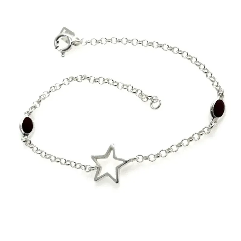 Pulsera Plata Ley 925m de 18.5 cm. cadena rolo estrella calada piedra