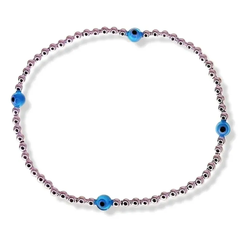 Pulsera Elástica en Plata Ley 925m con Ojos Turcos 4 mm. bolas lisas