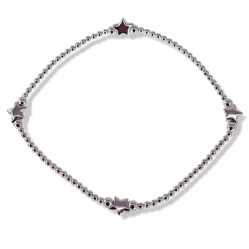 Pulsera Elástica en Plata de Ley 925m con bolas lisas 2 mm. y estrell